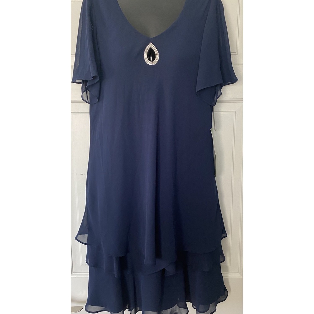 Onyx Nite Lined Solid Blue Chiffon‎ Dress Size 14 Embellishments Party Holiday